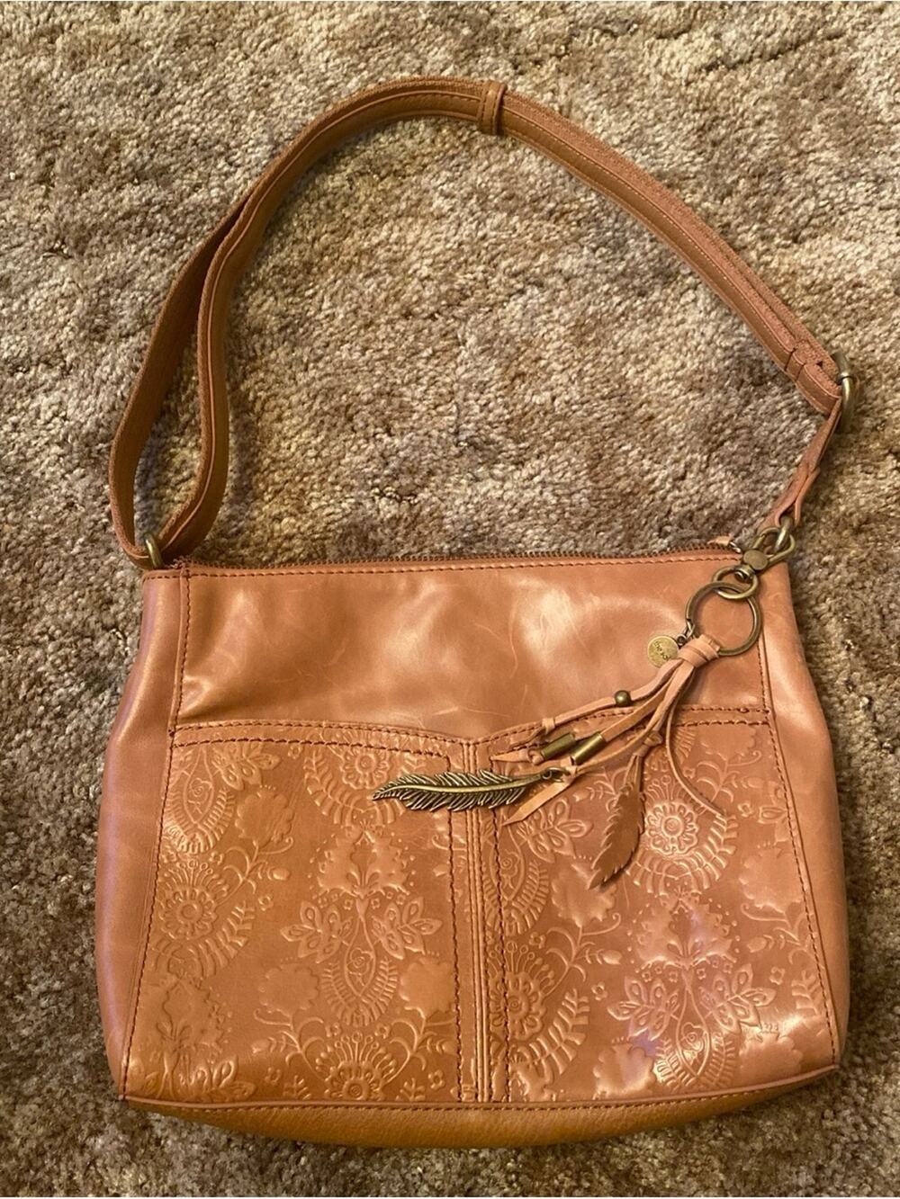 The Sak Embossed Leather Shoulder Bag - Cognac with Charm Tan